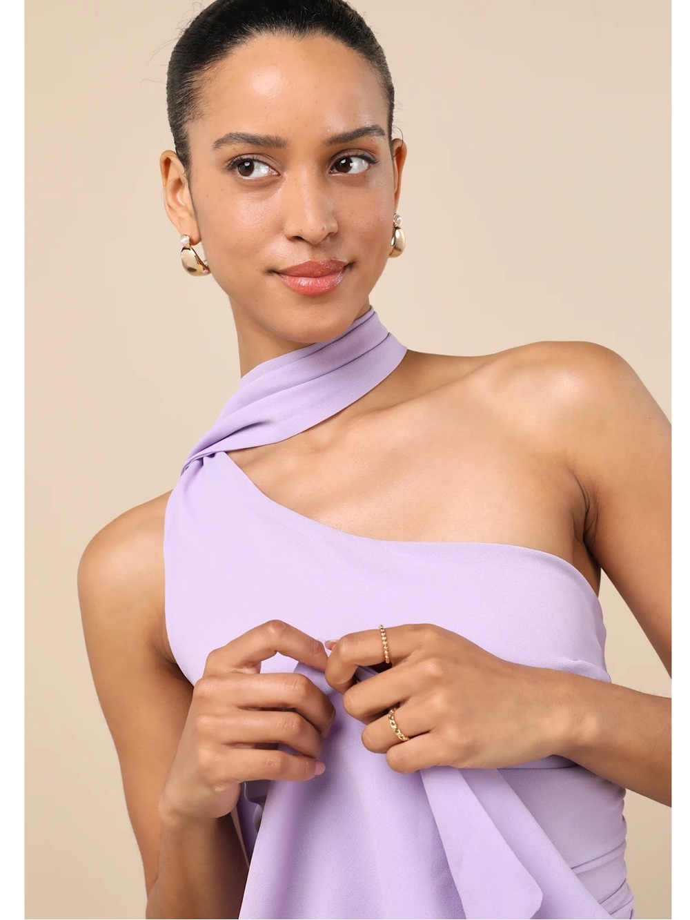 Lulus Adeline Lavender One-Shoulder Scarf Column Ruched Chiffon Maxi Dress M - Picture 4 of 13